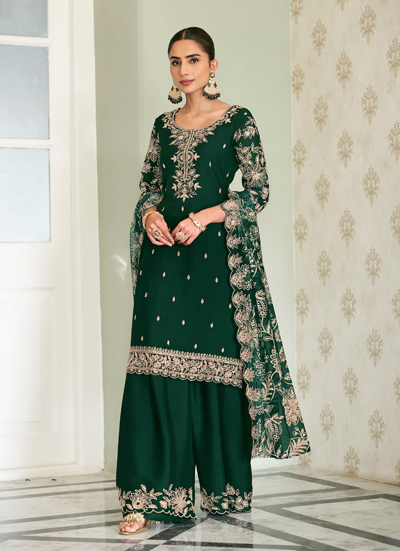Dark Green Embroidery Chinon Palazzo Suit