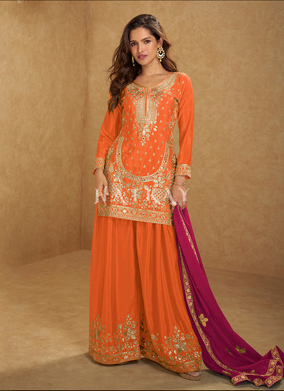 Orange Embroidered Palazzo Suit