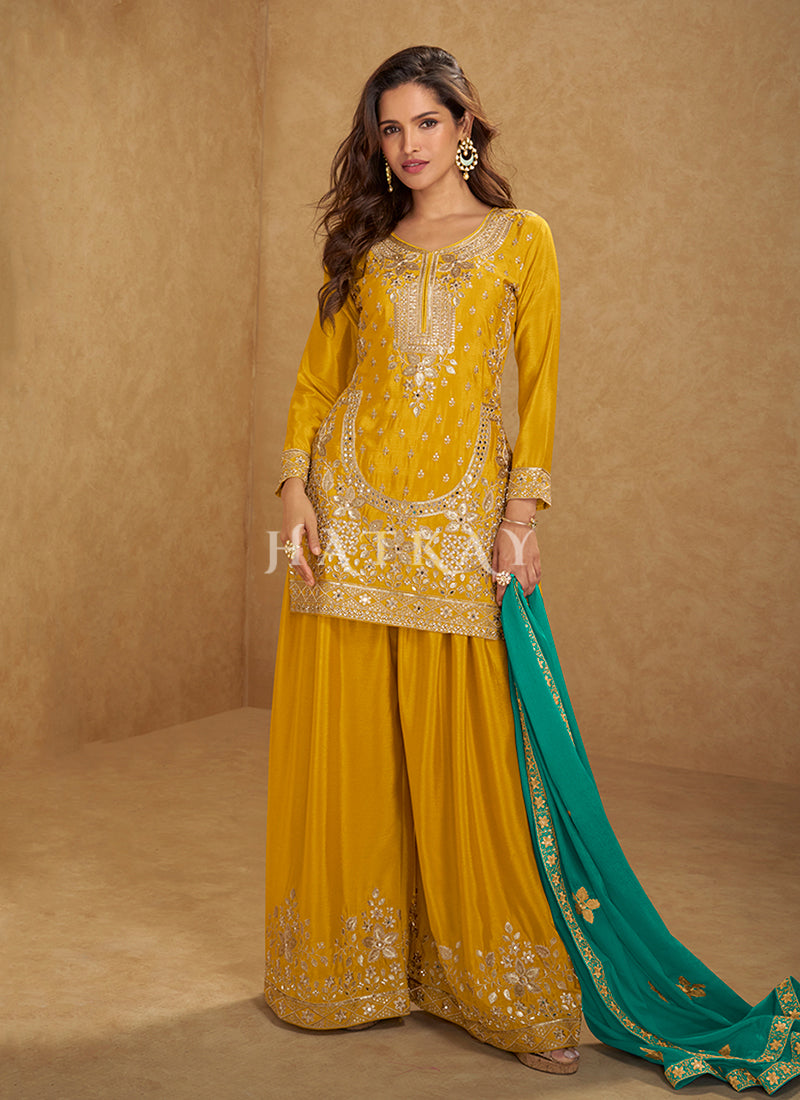 Yellow Embroidered Palazzo Suit 