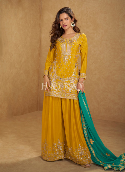 Yellow Embroidered Palazzo Suit 