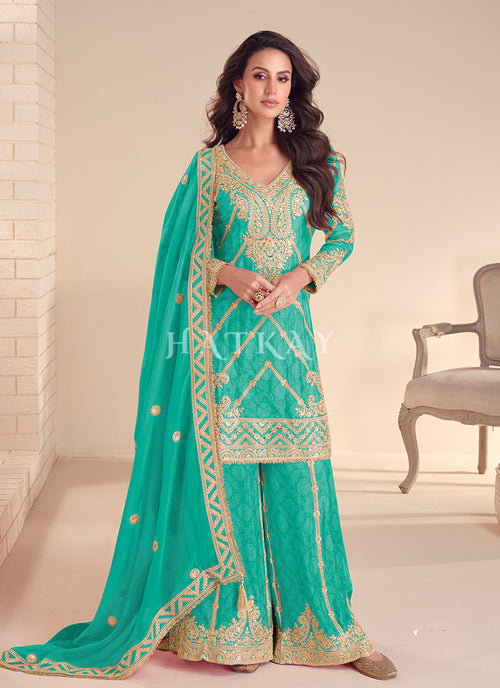 Shop Turquoise Green Palazzo Suit