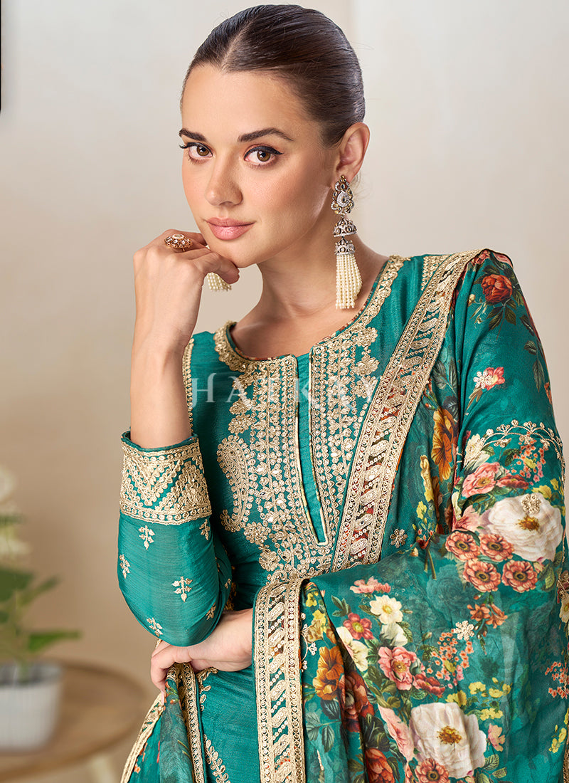 Buy Turquoise Green Palazzo Suit In USA
