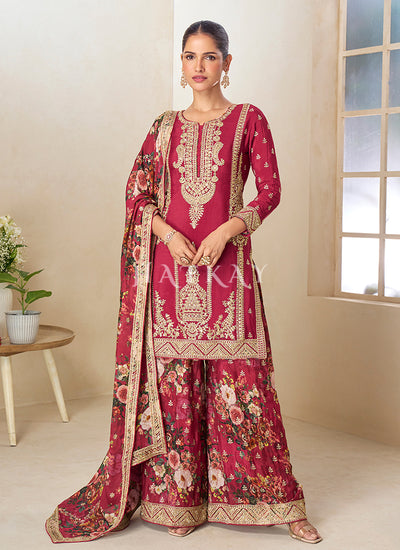 Crimson Red Cording Embroidery Wedding Palazzo Suit 