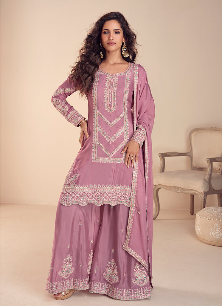 Mauve Embroidered Chinon Palazzo Suit by Hatkay