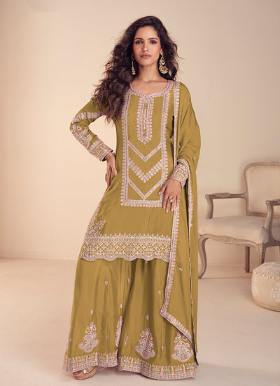 Mustard Yellow Embroidered Chinon Palazzo Suit by Hatkay