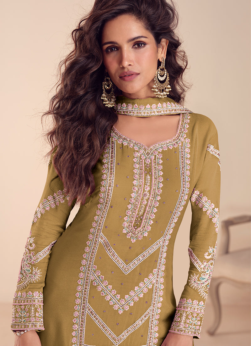 Designer Mauve Mustard Yellow Chinon Sharara Palazzo Suit with Custom Stitching