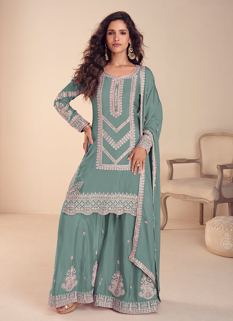 Sage Green Embroidered Chinon Palazzo Suit by Hatkay