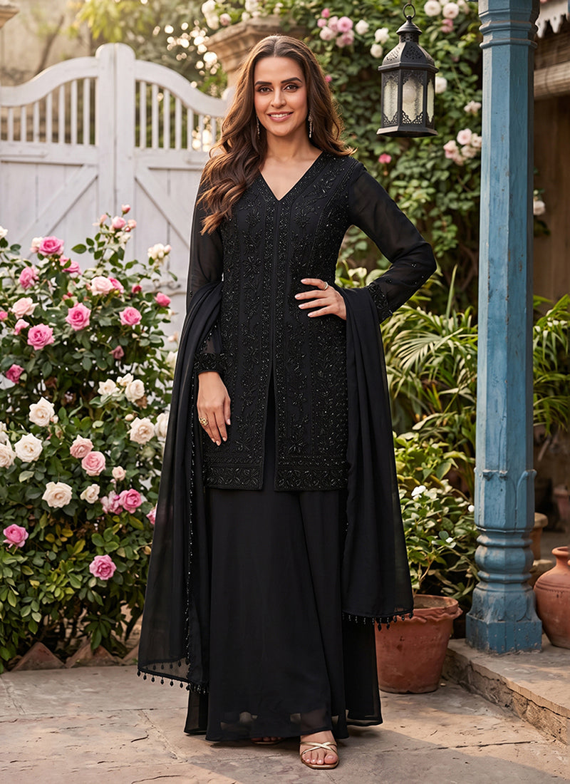 Black Embroidered Chinnon Silk Palazzo Suit