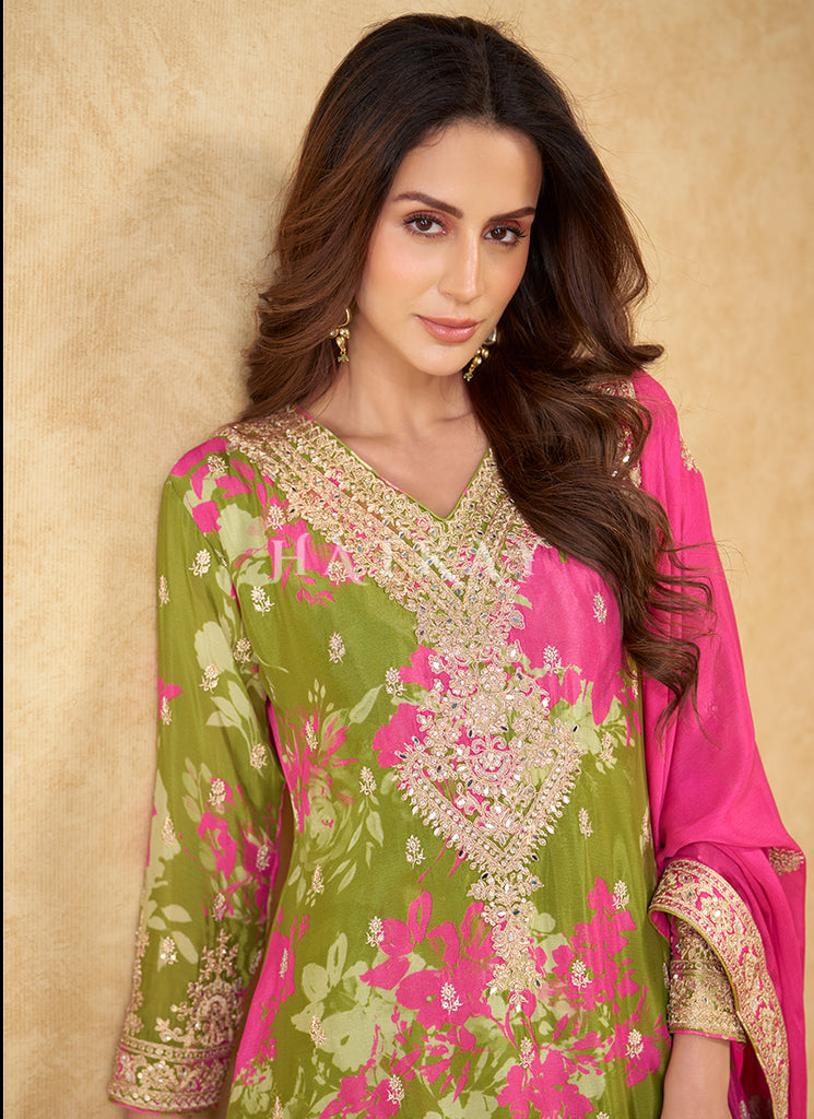 Green And Pink Floral Embroidered Palazzo Suit
