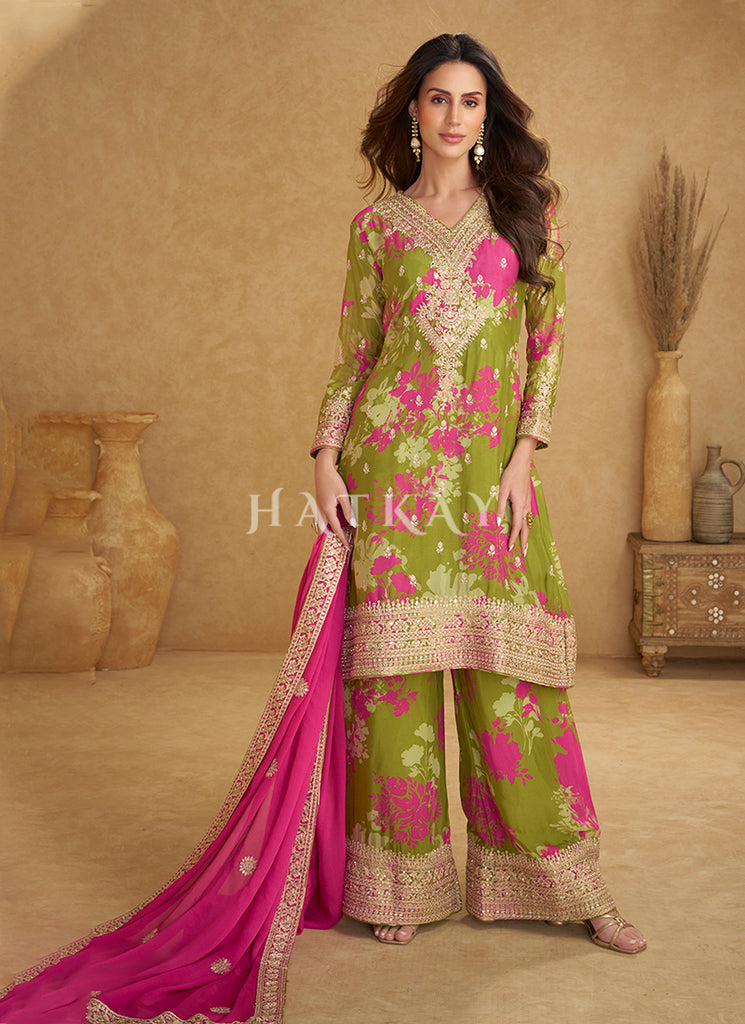 Green And Pink Floral Embroidered Palazzo Suit