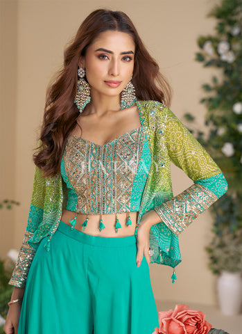 Turquoise And Lime Embroidery Jacket Style Palazzo Set