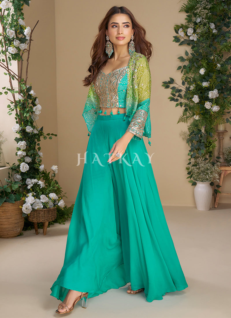 Turquoise And Lime Embroidery Jacket Style Palazzo Set