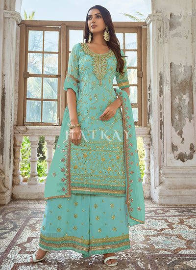 Sea Green Embroidery Traditional Georgette Palazzo Suit