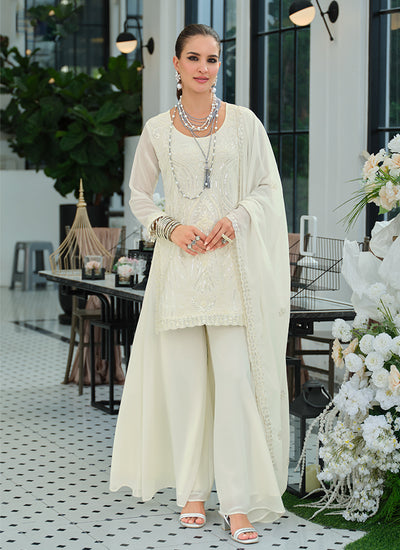 Off White Embroidery Georgette Palazzo Suit