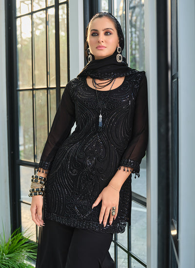 Black Embroidery Georgette Palazzo Suit