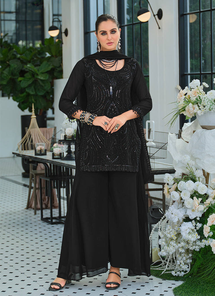 Black Embroidery Georgette Palazzo Suit