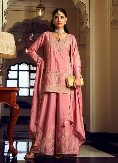 Coral Pink Embroidered Chinnon Silk Palazzo Suit
