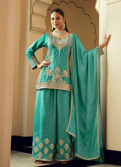 Teal Green Embroidered Chinnon Silk Palazzo Suit