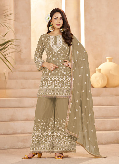 Olive Green Embroidered Kurta Palazzo Suit