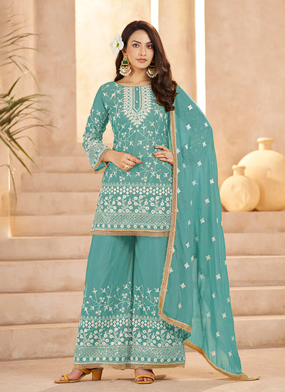 Aqua Blue Embroidered Kurta Palazzo Suit