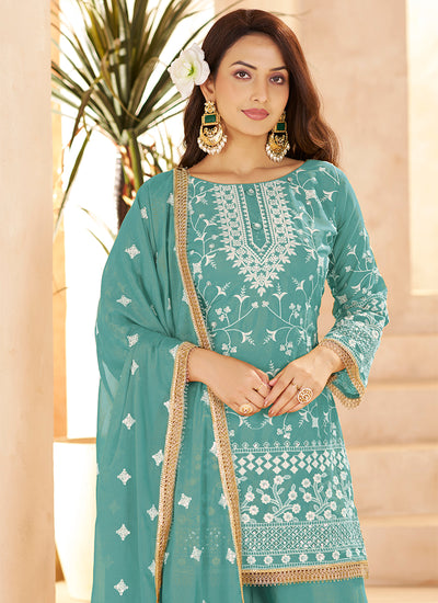 Aqua Blue Embroidered Kurta Palazzo Suit