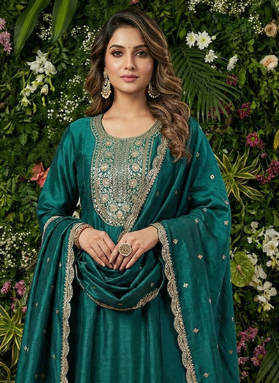 Turquoise Embroidered Festive Palazzo Suit