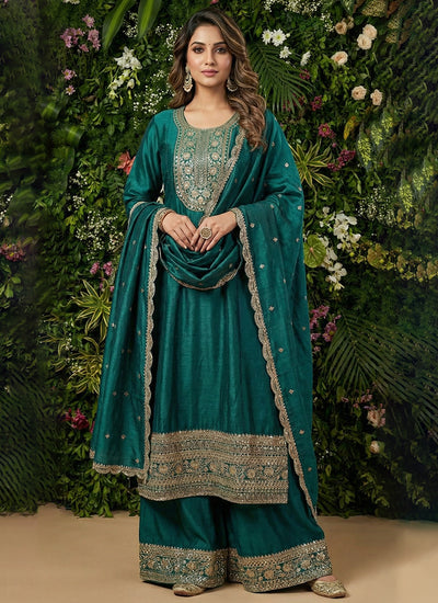 Turquoise Embroidered Festive Palazzo Suit