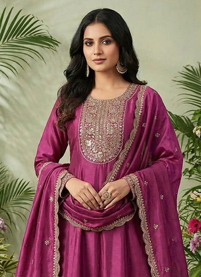 Magenta Embroidered Palazzo Suit