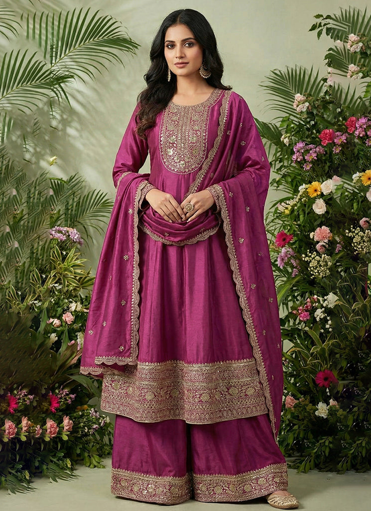 Magenta Embroidered Festive Palazzo Suit