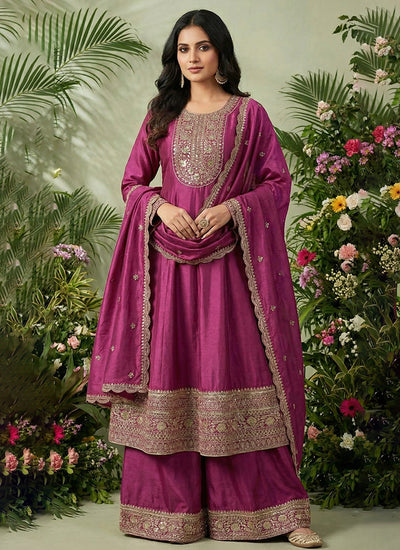 Magenta Embroidered Palazzo Suit