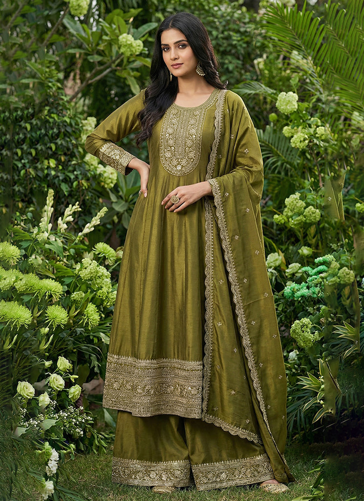 Olive Green Embroidered Festive Palazzo Suit