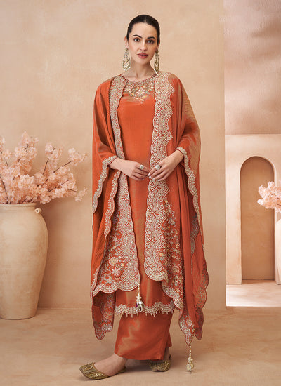 Orange Multi Embroidery Pant Style Suit