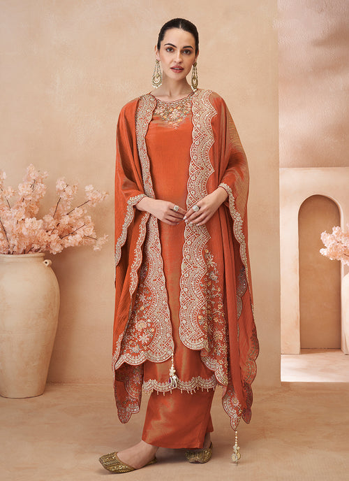 Orange Multi Embroidery Pant Style Suit
