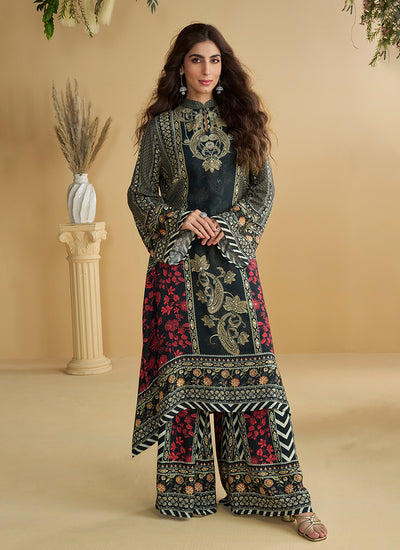 Black Multi Embroidery Traditional Pant Style Suit