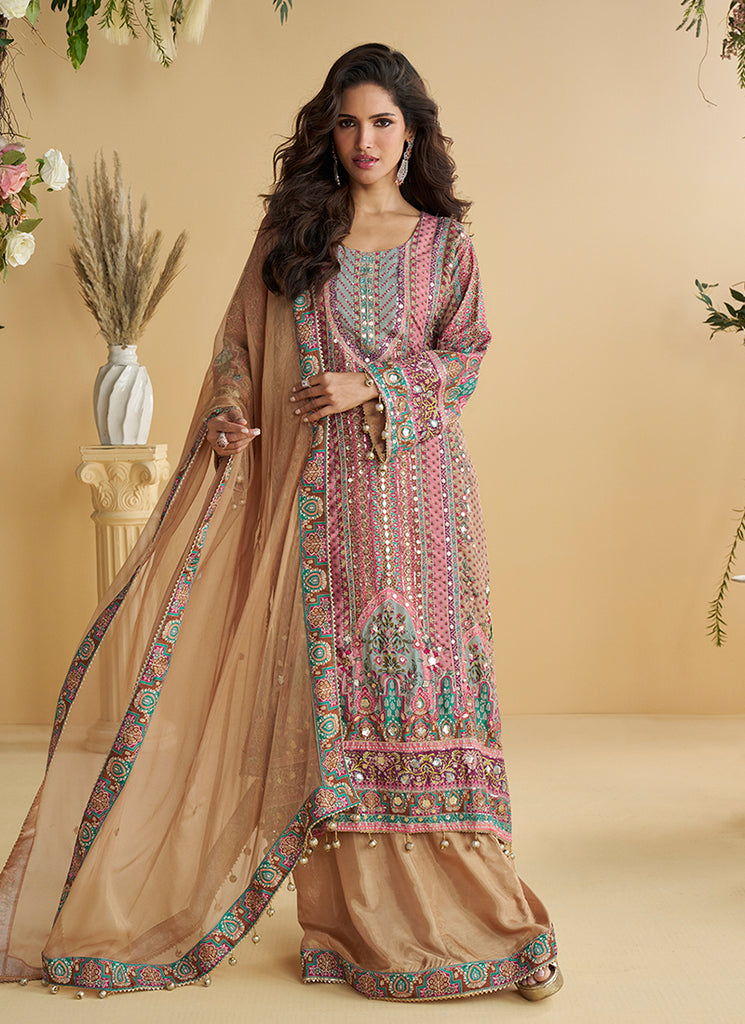 Pink Multi Embroidery Traditional Palazzo Suit