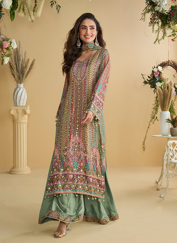 Pink And Green Multi Embroidery Traditional Palazzo Suit
