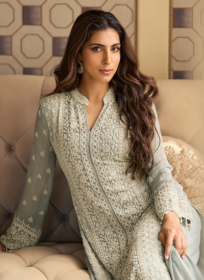 Mist Grey Handwork Embroidery Pant Style Suit