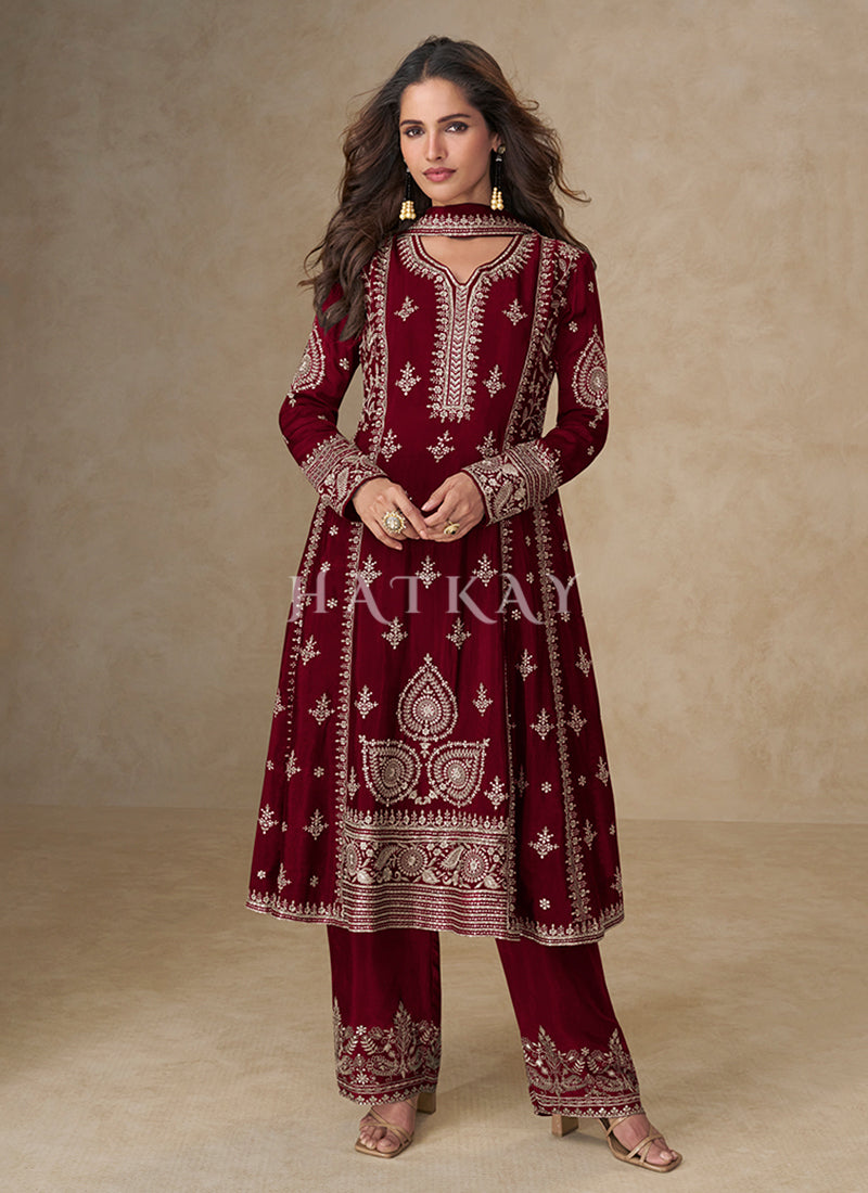 Red Anarkali Palazzo Suit