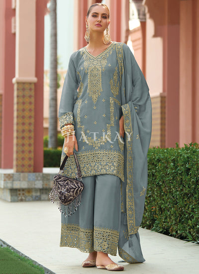 Sky Blue Chikankari Embroidery Pant Style Suit