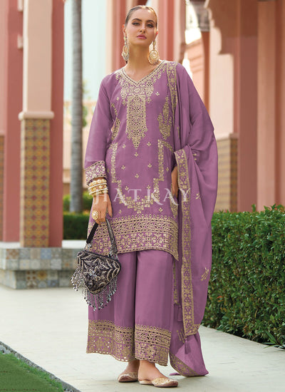 Purple Chikankari Embroidery Pant Style Suit