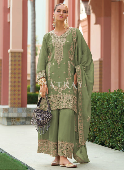 Light Green Chikankari Embroidery Pant Style Suit