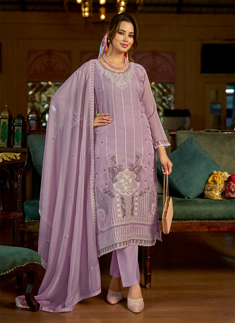 Lavender multi embroidered pant style suit for festive, wedding, and party wear