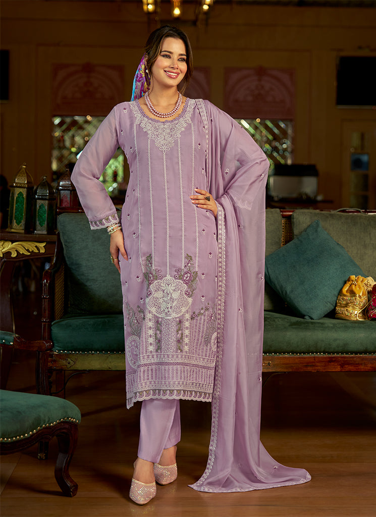 Lavender Multi Embroidered Pant Style Suit