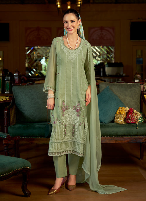 Green multi embroidered pant style suit for festive, wedding, and party wear