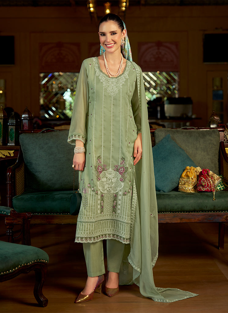 Green multi embroidered pant style suit for festive, wedding, and party wear