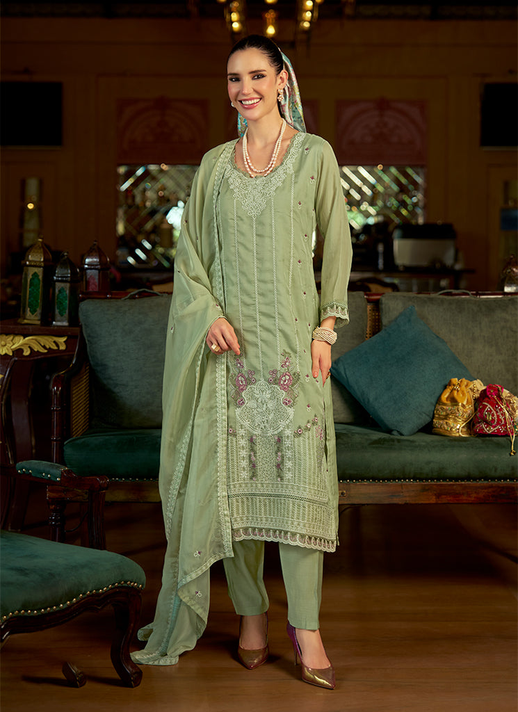 Sage Green Multi Embroidered Pant Style Suit