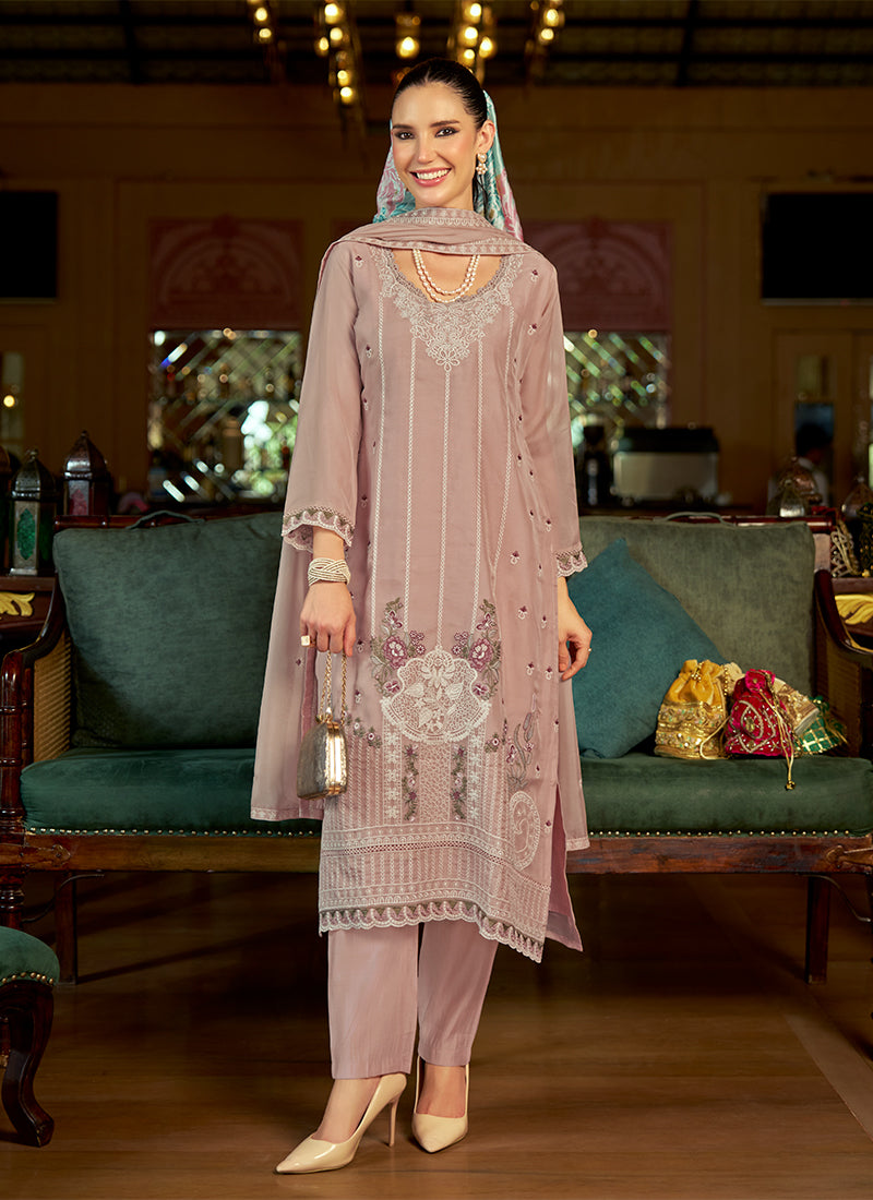 Pink embroidered pant style suit for weddings, festivals, and ethnic events