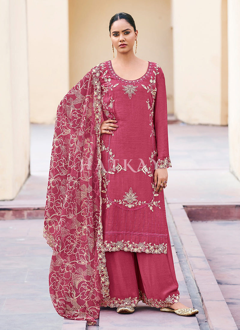 Magenta Pink Embroidery Pant Style Salwar Suit