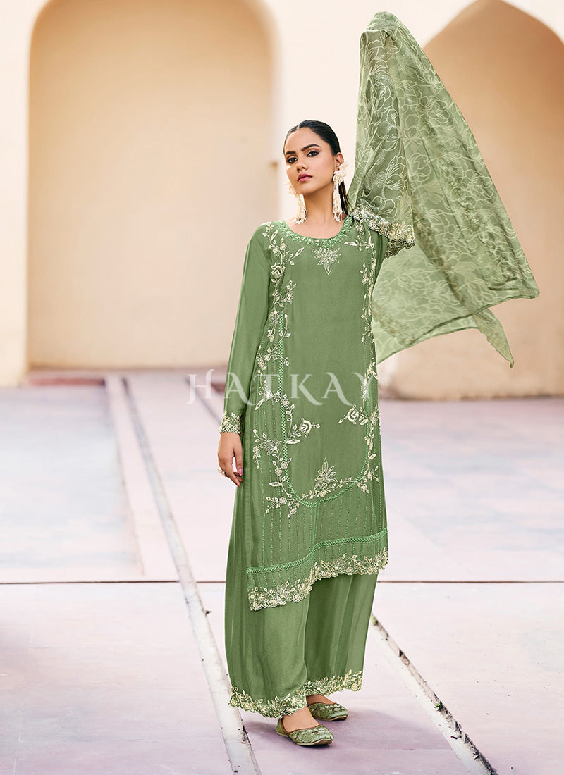 Green Embroidery Pant Style Salwar Suit