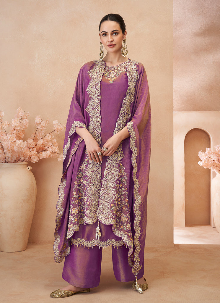 Purple Multi Embroidery Pant Style Suit
